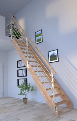 Produktbild von Holztreppe Rhodos in gerader Ausführung-Eiche-Design Geländer Holzrundstäbe-ohne Setzstufen