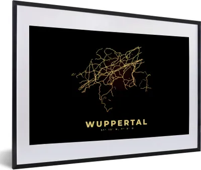 Produktbild von MuchoWow® Gerahmtes Poster Stadtplan - Karte - Gold - Wuppertal - Karte 60x40 cm - Poster mit Schwarzem Bilderrahmen Wandposter Rahmen Foto Bilder - Schlafzimmer - Plakat in Rahmen - Drucken