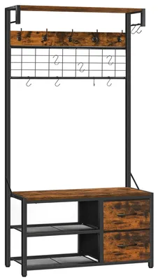 Garderobenständer mit Schuhbank, Haken und 2 Schubladen, 4-in-1, Braun/Schwarz
