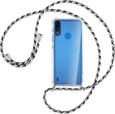 Produktbild von Handykette Backcover-Schutzhülle mit Band (Metall silberfarben) für Motorola Moto E7 Power, E7i Power - schwarz/grau/weiß