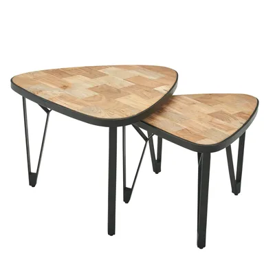 Produktbild von WOHNLING Couchtisch 2er Set Mango / Akazie Massivholz Satztisch Dreieckig Wohnzimmertisch Braun mit Metallbeine Tischset 2-teilig Satztisch Holz