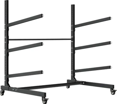 Image de SucceBuy Étagère de rangement autonome pour 3 kayaks, canoës, planches de surf ou planches à pagaie, support avec roulettes verrouillables pour usage intérieur et extérieur, support réglable avec une capacité de charge de 90 kg