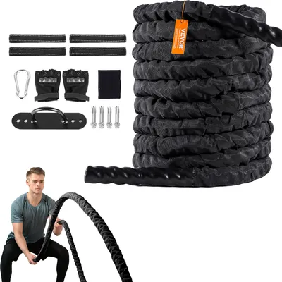 Produktbild von VEVOR Battle Rope, priemer 1,5 palca, dĺžka 40 stôp, polyesterové tréningové lano, bojové tréningové zariadenie s ochranným krytom a kotvou, ťažké lano na tréning základných svalov v domácej posilňovni