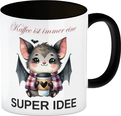 Produktbild von Fledermaus mit Kaffeebecher in schwarz Kaffeebecher in schwarz mit Spruch