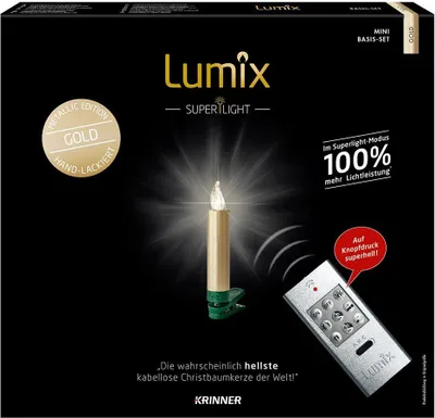 The product packaging for Krinner Lumix LED Christmas tree candles.