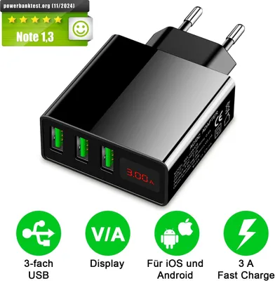 Produktbild von Eaxus® USB Ladegerät 3A - 3 Port Handy Netzteil mit LCD-Display & Schnellladefunktion, Schwarz