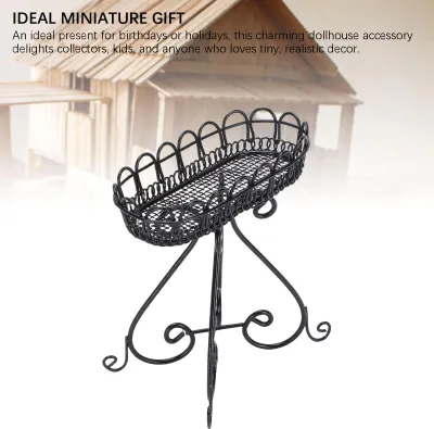 Productafbeelding van 1:12 Poppenhuis bloemenstandaard, ijzer, realistische miniatuur plantenmeubels, accessoire voor woonkamer, zwart
