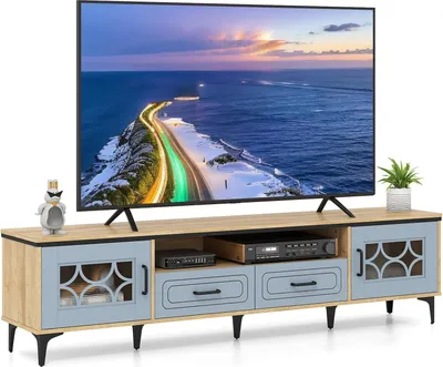 Zdjęcie produktu dla KOMFOTTEU TV lowboard do telewizorów do 80 cali, ława pod telewizor, 2 szafki z drzwiczkami i otwartymi półkami, mebel pod telewizor z 2 szufladami i otworem na kable, 180,5 x 35 x 46 cm (naturalny + szary)