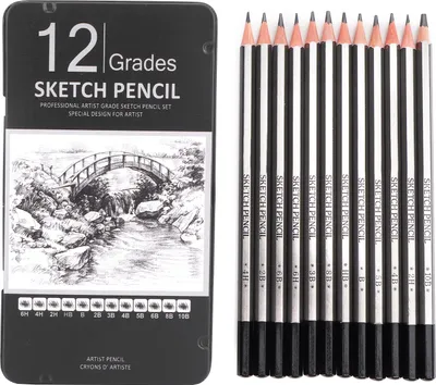 Produktbild von 12-teiliges Bleistiftset aus Graphit zum Zeichnen und Skizzieren mit Box, Kunst- und Malzubehör