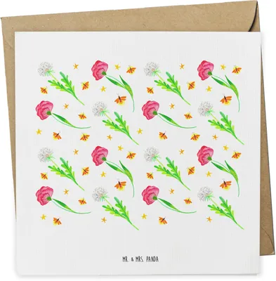 Produktbild von Mr. & Mrs. Panda Grußkarte Glühwürmchen Design - Weiß - Geschenk, Muster, Blumen, Pusteblumen, Glückwunschkarte, doppelkarte, anlasskarte, Klappkarte, faltkarte
