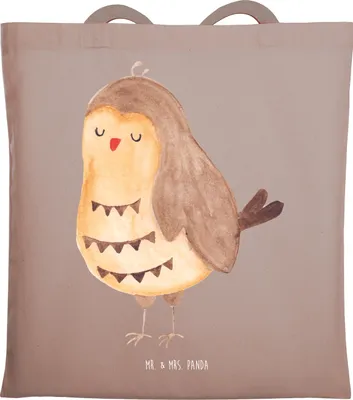 Produktbild von Mr. & Mrs. Panda Schultasche Eule Zufrieden - Braun Pastell - Geschenk, Hochzeitstag, Owl, Waldtier, Müde, Laptoptasche, Tasche, Shopping, Romantisch, Tote Bag, Beutel