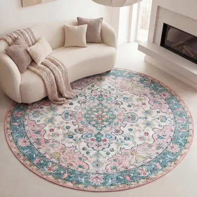 Produktbild von Volero - Teppich Vintage Rund - Lily Oriental Blau Rosa - Ø 160 cm - Wohnzimmer, Esszimmer, Schlafzimmer - Klassik
