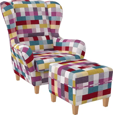Produktbild von Supellex Sofia Ohrensessel mit Hocker | Design Patchwork kariert bunt