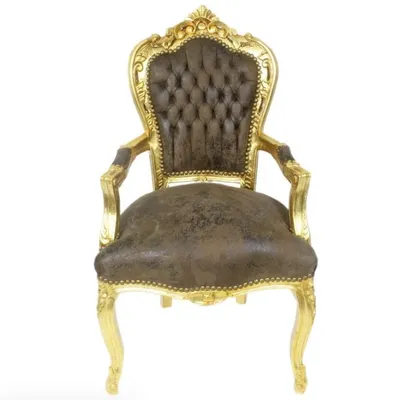 Produktbild von Barockstuhl Barock Stuhl Armlehne Braun Gold Stoff Esszimmer Wohnzimmer Büro Flur Schminkstuhl Klassisch Premium Luxus Modern Retro Royal Antik Stil