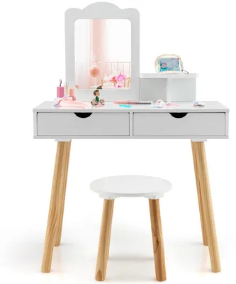 Immagine prodotto di COSTWAY, set da trucco per bambini, tavolo 2 in 1 (scrivania e specchiera) con sgabello
