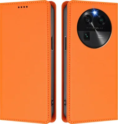 Image de Etui en cuir pour Oppo Find X6, étui magnétique en cuirPolyuréthaneavec support Orange