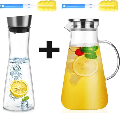 Produktbild von 2,2L+950ML Glaskaraffe Wasserkaraffe mit Edelstahl Deckel, Karaffe aus Hitzebeständiges Glas, Wasserkaraffe, Eistee Krug, Saft Krug, für hausgemachte