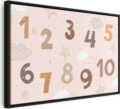 Produktbild von Italienischer Leinwand Leinwandbild - Jumping Numbers - Numbers in a Subdued Beige-Brown Hue Among Snowflakes Stars and Clouds 90x60 cm Für Kinder e-A-10128-b-a