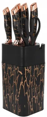Image de Brunbeste Set de 7 couteaux avec ciseaux et bloc avec aiguiseur intégré – Noir/Cuivre