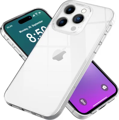 Two iPhones are shown, one with a clear protective case, against a white background.