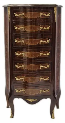 Image de Commode Casa Padrino style baroque, en bois massif de noyer, de couleur marron noyer, avec 7 tiroirs, dimensions : 70 x 30 x 125 cm