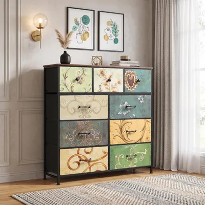 Immagine prodotto di Comodino INONEFT con 9 cassetti rivestiti in tessuto, dimensioni 100x30x100 cm. Mobile contenitore per camera da letto, tipo settimino, con struttura in metallo e superficie in legno, decorato con un motivo floreale vintage