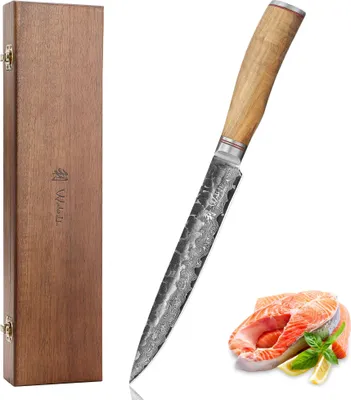 Produktbild von Wakoli Damast Fleischmesser I 20cm Klinge I Olivenholzgriff und Hammerschlag