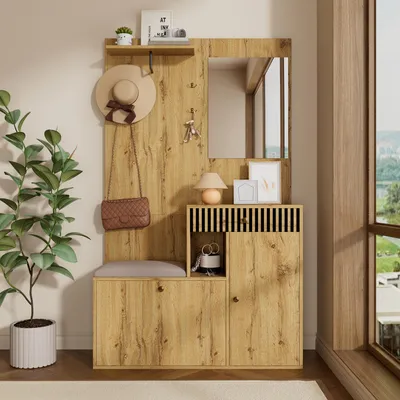 Produktbild von Merax Garderoben-Set 110x185,5x37 cm, Flurgarderobe mit Spiegel, Sitzbank und Soft-Close Türen, Schuhschrank mit Schubladen und Haken, MDF Natur