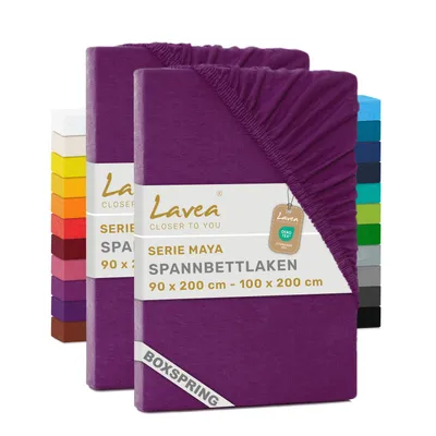 Produktbild von Lavea® 2er Pack Spannbettlaken 90/100x200 cm, Jersey Bettlaken 100% Baumwolle – Boxspringbetten, Wasserbetten, Matratzen bis 35 cm – Fliederlila