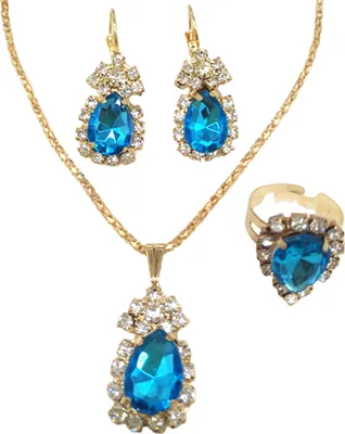 Produktbild von 3 Teile/satz Ohr Clip Helle Farbe Legierung Halskette Ohrringe Ring Set Wasser Tropfen Strass Anhänger Halskette Ohrringe Ring Schmuck Zubehör-Hellblau