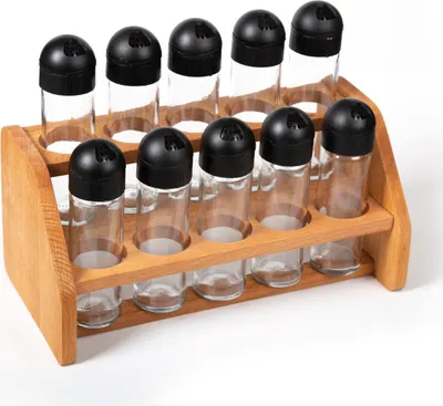 Produktbild von Joy Kitchen™ Gewürzregal stehendes Holztreppenmodell mit 10 Gewürzdosen aus Glas | Gewürzregal | Aufbewahrungsregal für Gewürzstreuer | Gewürzregal mit Gläsern | Küchenspüle | Arbeitsplatten-Organizer | Aufbewahrungsbox | Braun