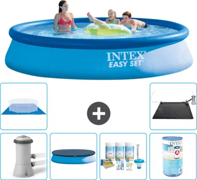 Produktbild von Intex runder aufblasbarer Easy Set-Schwimmpool – 396 x 84 cm – Blau – inklusive Pumpe Abdeckung - Wartungspaket - Filter - Bodenplane - Solarmatte