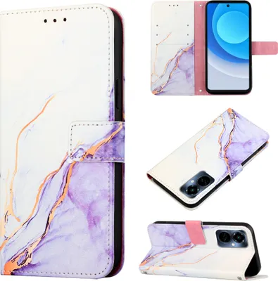 Produktbild von Tecno Camon 19 Pro 5G Hülle, Marmor Motiv Kunstleder Tasche Wallet Kartenfächer mit Standfunktion Klapp Schutzhülle für Tecno Camon 19 Pro 5G Weiß Lila