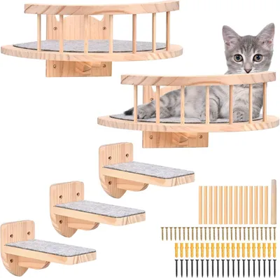 Image de Hamac pour chat à fixer au mur, comprenant 2 étagères d'angle et 3 marches, en bois avec revêtement en peluche, idéal pour l'escalade