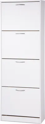 A tall, white shoe cabinet with four flip-down doors.