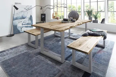 Produktbild von Essgruppe 140 cm Akazie naturfarben U-Gestell silber mit 2 Bänken QUINN