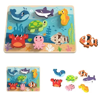 Produktbild von Tooky Toy 3D Kinder Holz-Puzzle Tiere, 8-teiliges Steckpuzzle, ab 12 Monaten dunkelblau