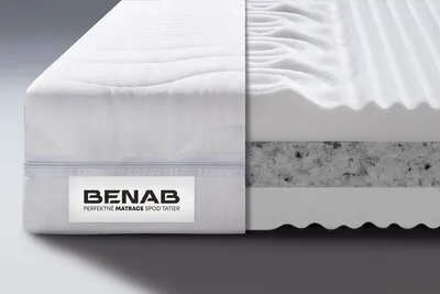 A cutaway view of a mattress showing its internal layers, with a label on the side.