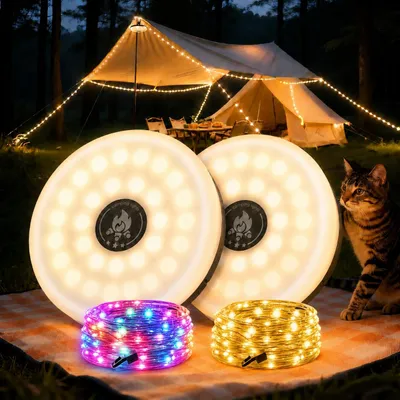 Produktbild von 2 er 3-in-1 Camping Lichterkette Aufrollbar,5 Leuchtmodi,3 Modi,Tragbare LED Campinglampe,USB wiederaufladbar Campingleuchte,Lichterketten außen 10m