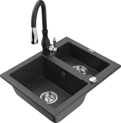 Produktbild von Mexen Carlos 1,5-Becken-Granitspüle mit Mischbatterie Savita, Schwarz gesprenkelt - 6518-76-672601-70