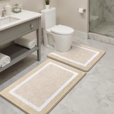 Produktbild von Badteppich Set 2-teilig rutschfest wasserabsorbierend 45x65cm + 50x60cm Beige