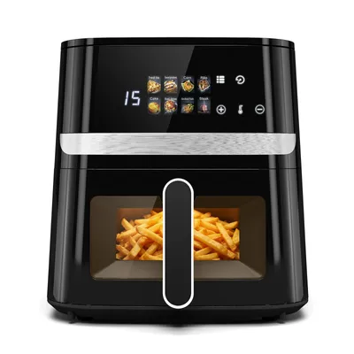 Obrázek produktu pro Fritovací trouba Puluomis, objem 6,5 litru, se skleněným okénkem, osvětlením, barevným displejem, 8 programy, 1350W, rozsah teplot 80-200°C, 360° cirkulace horkého vzduchu, černá barva