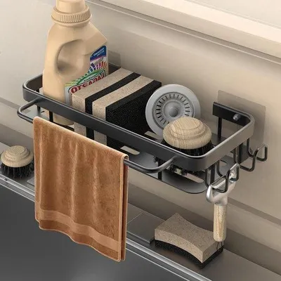 Produktbild von Famanu Spülbecken-Organizer mit Handtuchhalter und 2 Haken - Metall - Schwarz