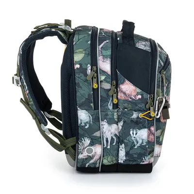 A side view of a backpack with a forest animal print.