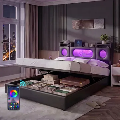 Produktbild von INONEFT Stauraumbett Boxspringbett 140x200 cm mit LED USB, Polsterbett mit Bettkasten, Ladefunktion,Doppelbett Bettgestell mit Lattenrost,PU,Schwarz