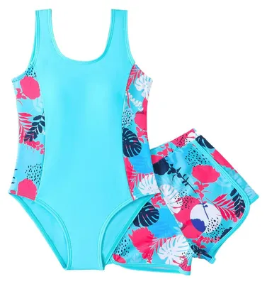 Productafbeelding van Omgoods - Meisjes Badpak met Shorts en Tropisch Motief, Maat 7-14 Jaar