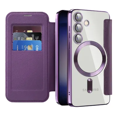 Immagine prodotto di Custodia per Samsung Galaxy S25 compatibile con MagSafe, custodia trasparente con portacarte, custodia in pelle con protezione della fotocamera Viola