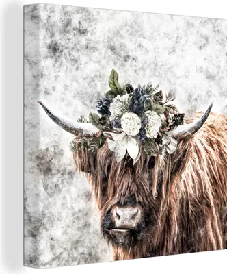 Produktbild von MuchoWow® - Leinwandbilder - Schottischer Highlander - Schottische Kuh - Blumen, Wandbild, Wanddeko Bilder Wohnzimmer, 50x50cm