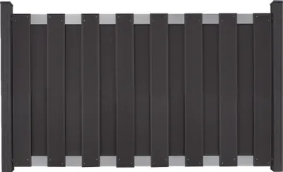 A dark gray fence panel with silver accents, presented against a white background.