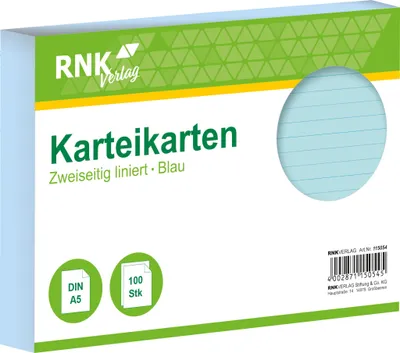 Obrázok produktu pre RNK Verlag 115054 Indexové karty - DIN A5, linkované, modré, 100 kariet